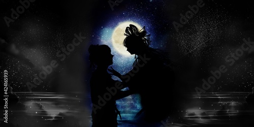 Illustration of the reunion of Orihime and Hikoboshi on the starry night of Tanabata. 