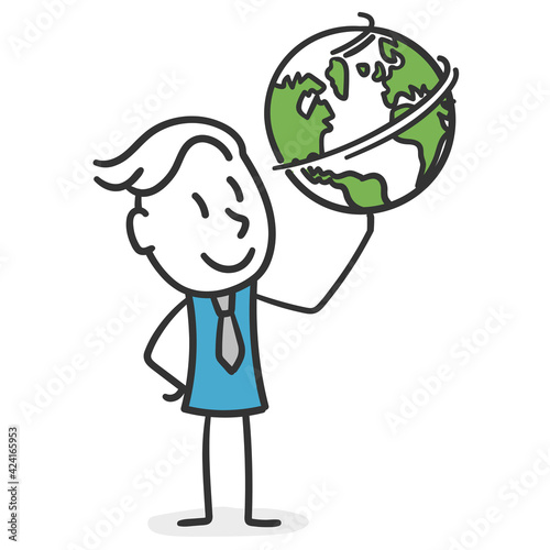 Stick man makes the world go round as he pleases. Concept of businessman capable of conquering the business world