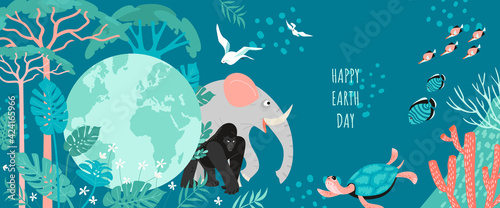 Happy earth day banner with globe, plants and animals.
