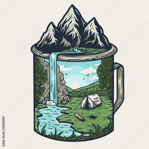 Nature camping landscape print. Outdoor terrain with mountain, waterfall in mug for t-shirt design. Beautiful adventure, wanderlust or explore