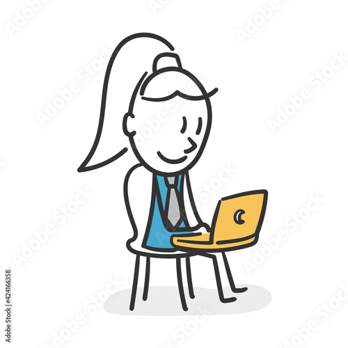 Stick woman working on a laptop. Concept of businesswoman in remote work