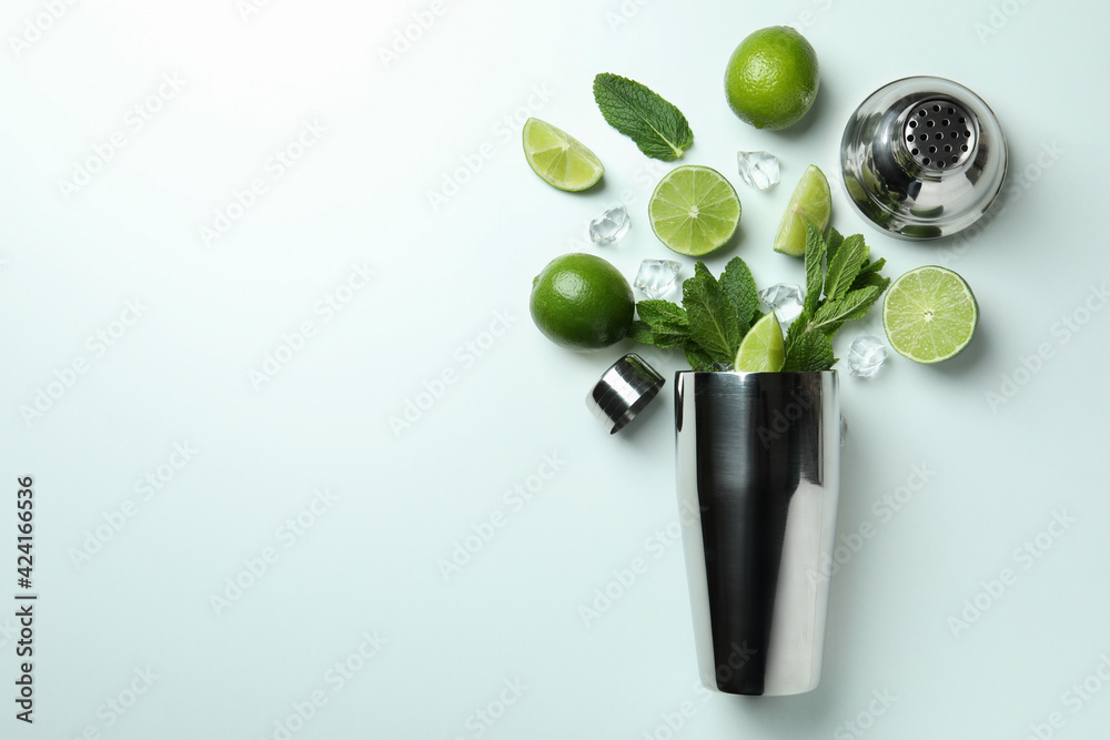 Cocktail shaker and ingredients for mojito on white background - obrazy, fototapety, plakaty 
