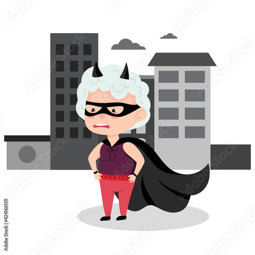 Grandma in a superhero costume. Active grandmother, funny character. Vector illustration in cartoon style