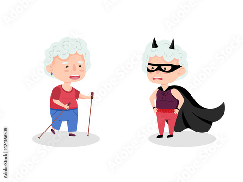 Couple of grandmothers characters. Grandmother in a superhero costume and an athlete with Scandinavian sticks. Funny elderly women. Vector illustration in cartoon style