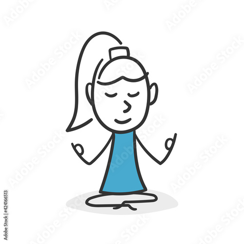 Stick woman doing yoga. Concept of relaxed woman in connection with her own self