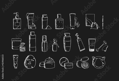 
Hand drawn set of black and white Korean beauty skin care products. K-beauty design elements. Collection of black and white cosmetic icons. Vector illustration isolated on white background.
