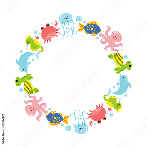 Seamless frame  pattern  with sea animals. Bright vector illustration for childrens design. Marine mammals. 