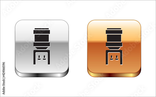 Black Water cooler for office and home icon isolated on white background. Water dispenser. Bottle office, plastic and liquid. Silver and gold square buttons. Vector
