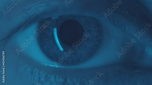 Macro. Man blue eye opening, looking at camera and closing. Pupil dilates and narrows. Human eye iris opening pupil. Healthy eyesight concept. Close up, 4k video. Blue light.