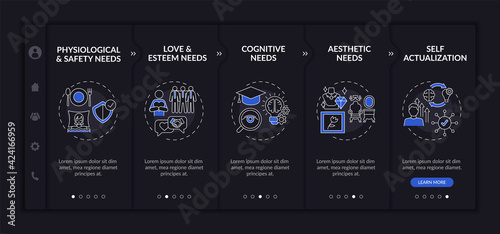 Human core needs onboarding vector template. Responsive mobile website with icons. Web page walkthrough 5 step screens. Psychology and self-actualization dark mode concept with linear illustrations