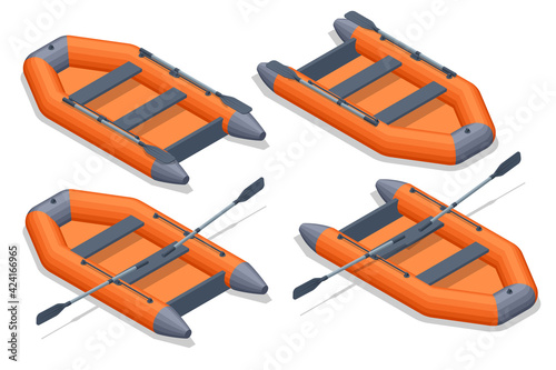 Isometric set icons of orange rubber inflatable boat. Inflatable rubber boat for recreation and travel on the water
