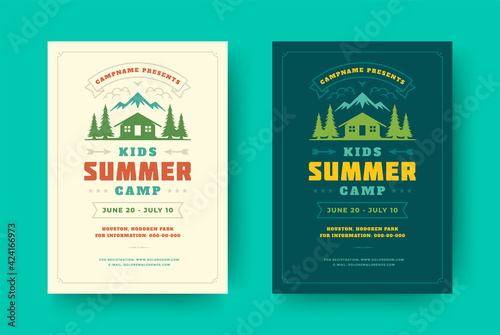 Kids summer camp poster or flyer event retro typography design template and forest lanscape and tent background