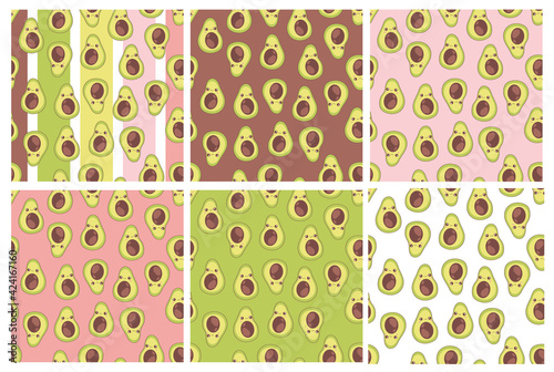 Cute avocado seamless pattern set.Cartoon design for fabric textile,print,paper, cover,fabric decor