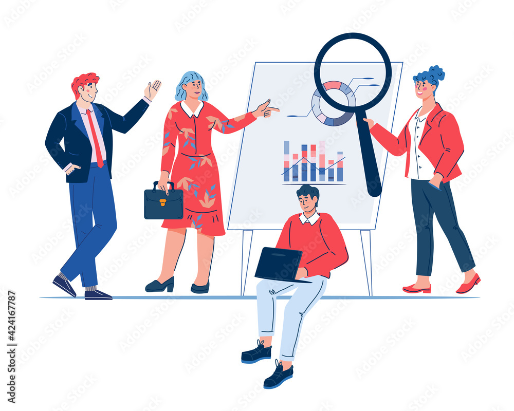 Business data analysis concept with group of analytics studying graphs. Marketing research and analysis, development strategy, cartoon vector illustration isolated on white background. Business data analysis concept with group of analytics studying graphs. Marketing research and analysis, development strategy, cartoon vector illustration isolated on white background.