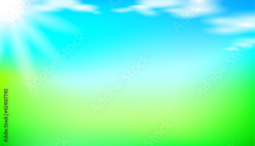 Realistic 3d sunny green blue web banner template. Gradient landscape background design shop square illustration