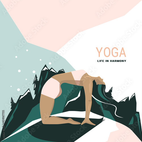 Yoga. Healthy lifestyle. Woman in camel pose. Graphic design.