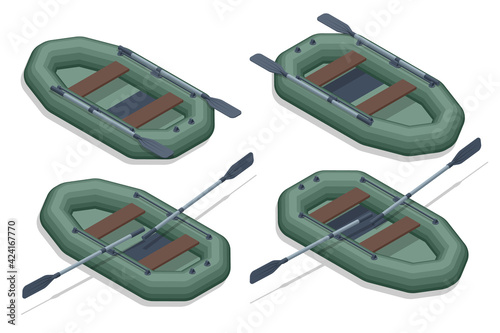 Isometric set icons of rubber inflatable boats for fishing, hunting and recreation. Inflatable rubber boat for fishing or hunting on the water