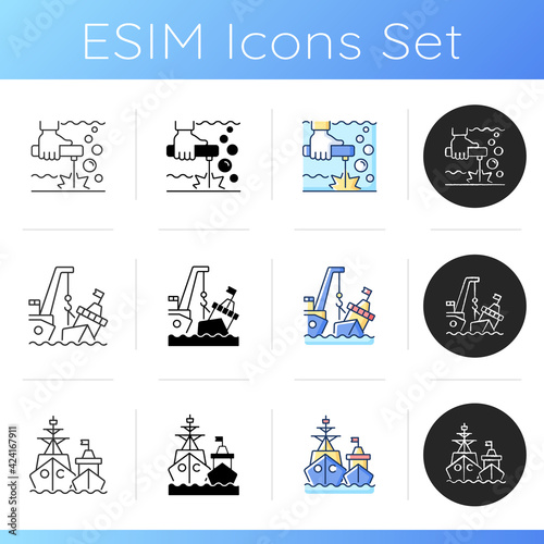 Shipping industry icons set. Underwater welding. Marine salvage. Military force unit. Offshore oil drilling. Cargo recovery. Linear, black and RGB color styles. Isolated vector illustrations