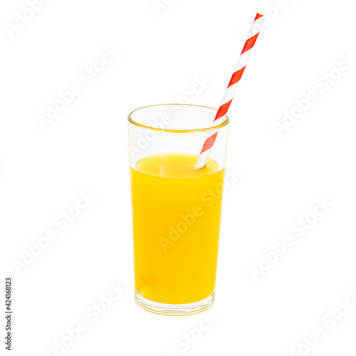 Fresh natural organic fruit juice in the glass with paper drinking straw isolated on white background.