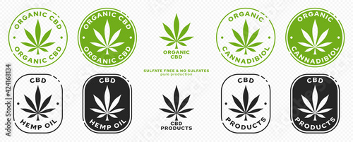 Conceptual stamps for packaging pharmaceutical, medical, cosmetic products. Cannabis extract with plant leaf and ingredient line. Vector elements.