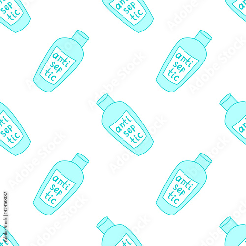 Seamless pattern with antiseptic hands. Personal hygiene product. Sanitizer dispenser disinfects, protects coronavirus bacteria. Vector outline background and texture in flat doodle style isolated