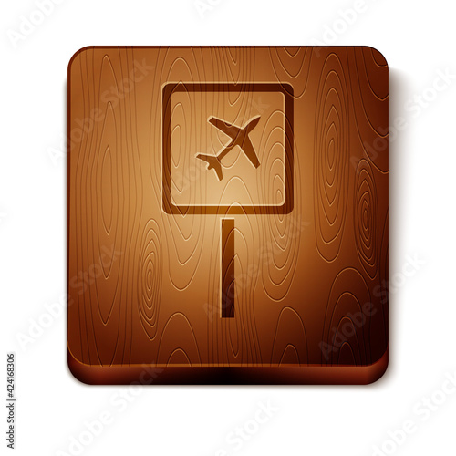 Brown Airport icon isolated on white background. Wooden square button. Vector