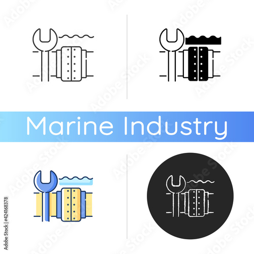 Underwater pipeline repair icon. Subsea pipeline integrity repairing and reinforcing. Offshore and subsea environments. Linear black and RGB color styles. Isolated vector illustrations