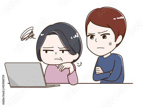 PCを前にイラつく男女　親子