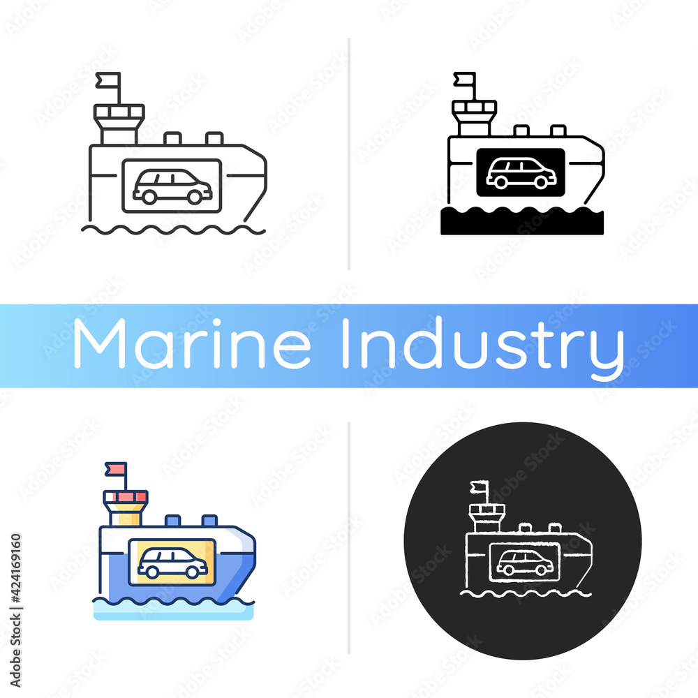 Fototapeta premium Vehicle carrier ship icon. Car shipping service. Wheeled cargo transportation. Ro-ro ships. Carrying cars and trucks. Linear black and RGB color styles. Isolated vector illustrations