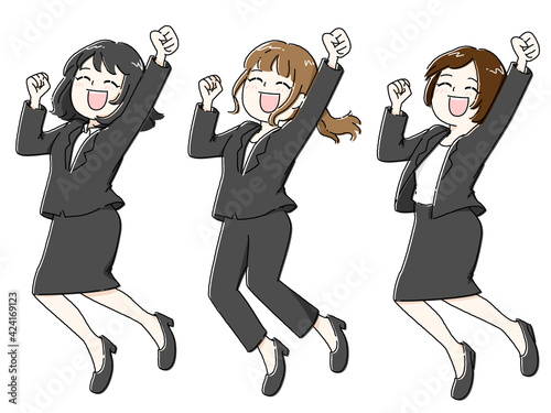 ジャンプして喜ぶ女性　3人セット色
