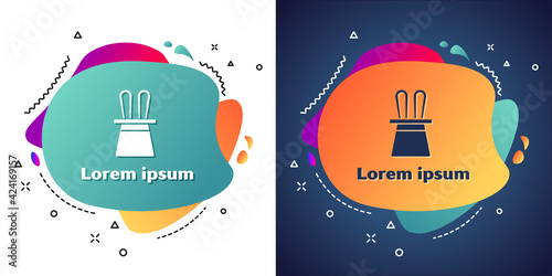 White Magician hat and rabbit ears icon isolated on white and blue background. Magic trick. Mystery entertainment concept. Abstract banner with liquid shapes. Vector