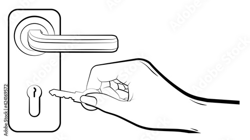 doorknob in black and white style. Isolated vectodoorknob in black and white style. woman hand opens or closes door lock with key. Vectorr on white background