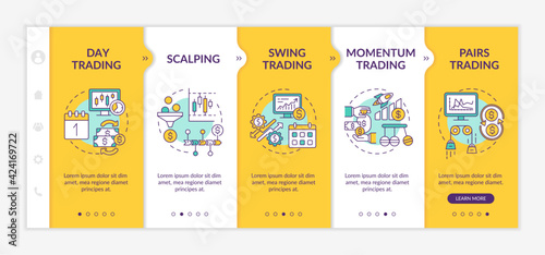 Stock trade strategies onboarding vector template. Responsive mobile website with icons. Web page walkthrough 5 step screens. Intraday, swing, pairs trading color concept with linear illustrations