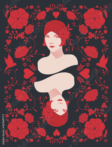 Beautiful retro style woman, surrounded by floral frame and birds inspired by oriental fabrics