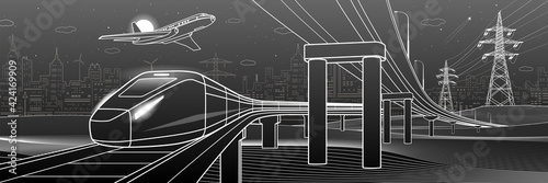 Outline road bridge. Car overpass. Train rides. Airplane fly. City Infrastructure and transport illustration. Urban scene. Vector design art. White lines on black background