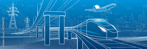 Outline road bridge. Car overpass. Train rides. Airplane fly. City Infrastructure and transport illustration. Urban scene. Vector design art. White lines on blue background