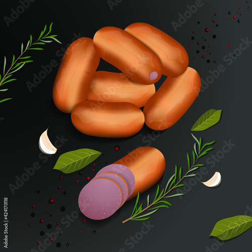 delicious sausage barbecue with spices vector illustration on a black background