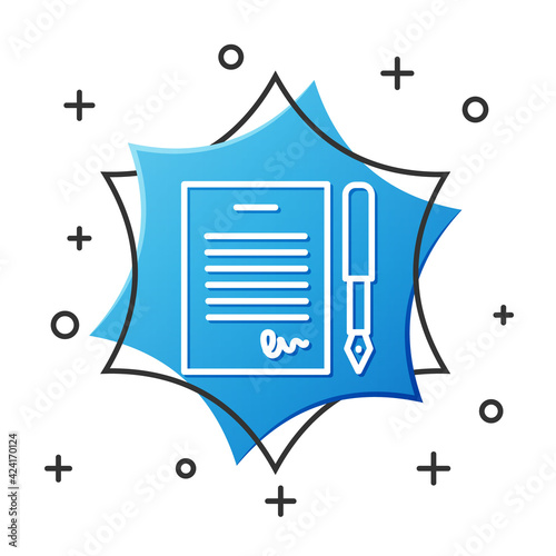 White line Marriage contract icon isolated on white background. Wedding certificate. Blue hexagon button. Vector