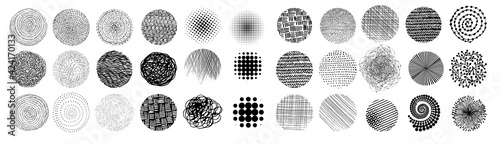 Set of abstract vector halftone stains. Black blots made of round particles. Modern illustration with dark, murky spots. Splattered array of dots. Gradation of tone. Elements of design.