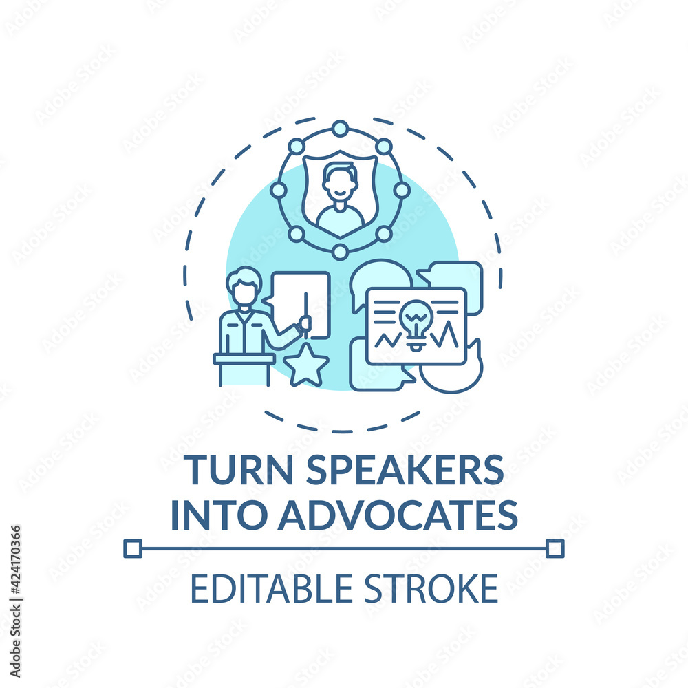 Turning speakers into advocates concept icon. VE marketing tip idea thin line illustration. Expanding engagement. Virtual conference. Vector isolated outline RGB color drawing. Editable stroke Turning speakers into advocates concept icon. VE marketing tip idea thin line illustration. Expanding engagement. Virtual conference. Vector isolated outline RGB color drawing. Editable stroke