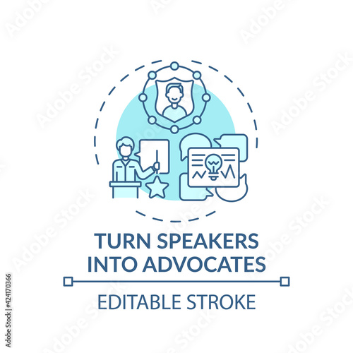 Turning speakers into advocates concept icon. VE marketing tip idea thin line illustration. Expanding engagement. Virtual conference. Vector isolated outline RGB color drawing. Editable stroke