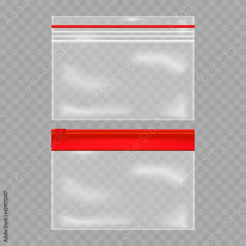 Realistic plastic polyethylene bag vector illustration. Realistic mock up. Template of plastic, nylon bag with zip lock