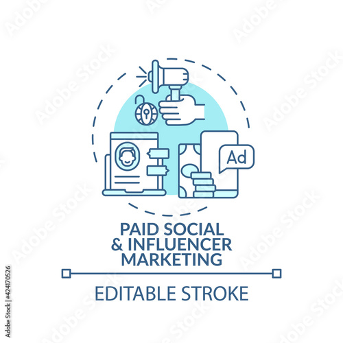 Paid social and influencer marketing concept icon. Online event marketing tip idea thin line illustration. Using popular influencers. Vector isolated outline RGB color drawing. Editable stroke