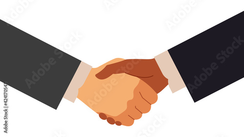 The handshake. Two men's hands in business suits. The concept of making deal, concluding contract, and further working together. Modern vector illustration on white background.