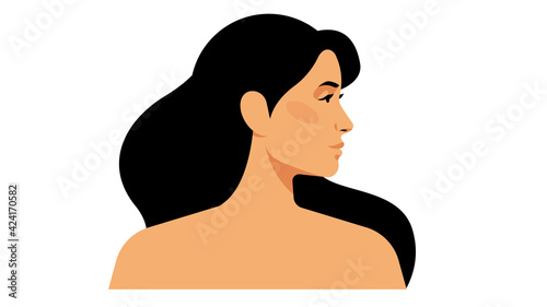 Bright beautiful woman with long hair, perfect skin. Beautiful, young woman, side view. Head and shoulders. Close-up female portrait in modern vector style. Removed location.