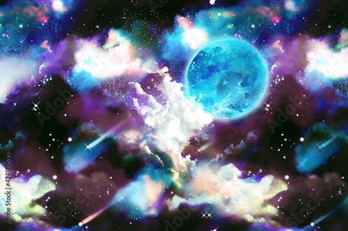 Illustration of blue full moon in the starry night space © NORIMA