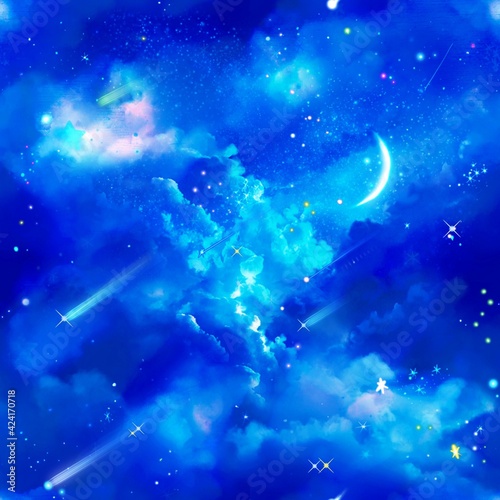 Illustration of blue full moon in the starry night space