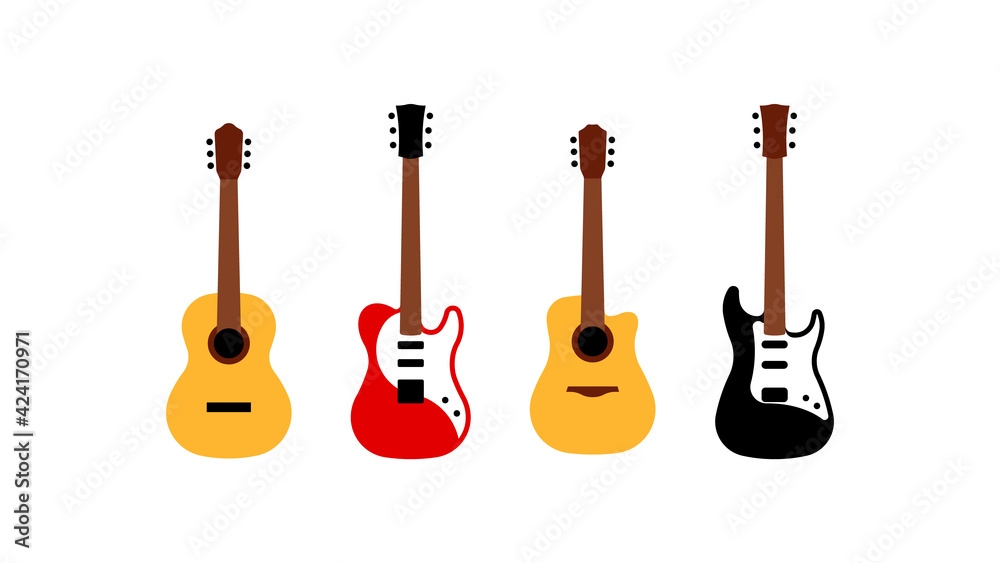 Fototapeta premium Set of different guitars - acoustic, electric, bass. Simplified representation of stringed musical instruments. Group of icons in modern flat style.