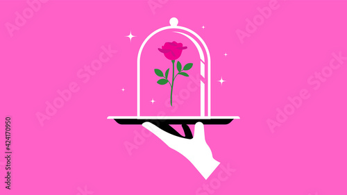 Red rose under glass dome. Waiter's hand with tray. Concept of offer, gift, surprise, benefit, desired object. Vector illustration.