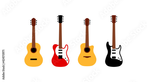 Set of different guitars - acoustic, electric, bass. Simplified representation of stringed musical instruments. Group of icons in modern flat style.